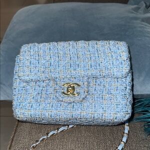 Light Blue Tweed Shoulder Bag with Gold CC-Style Hardware